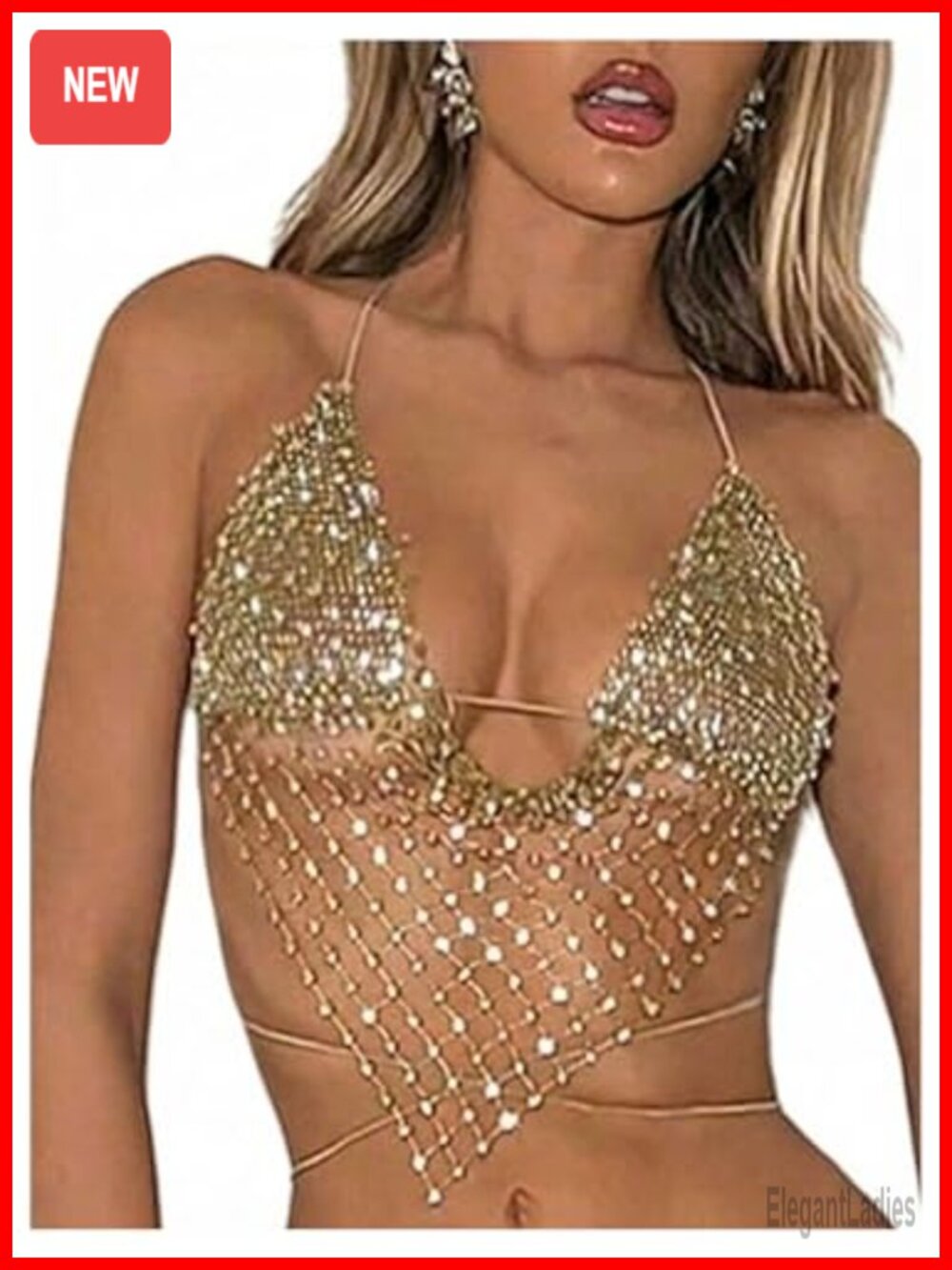 Rhinestone Fishnet Crop Halter Top Club Party Y2K Going Out Top